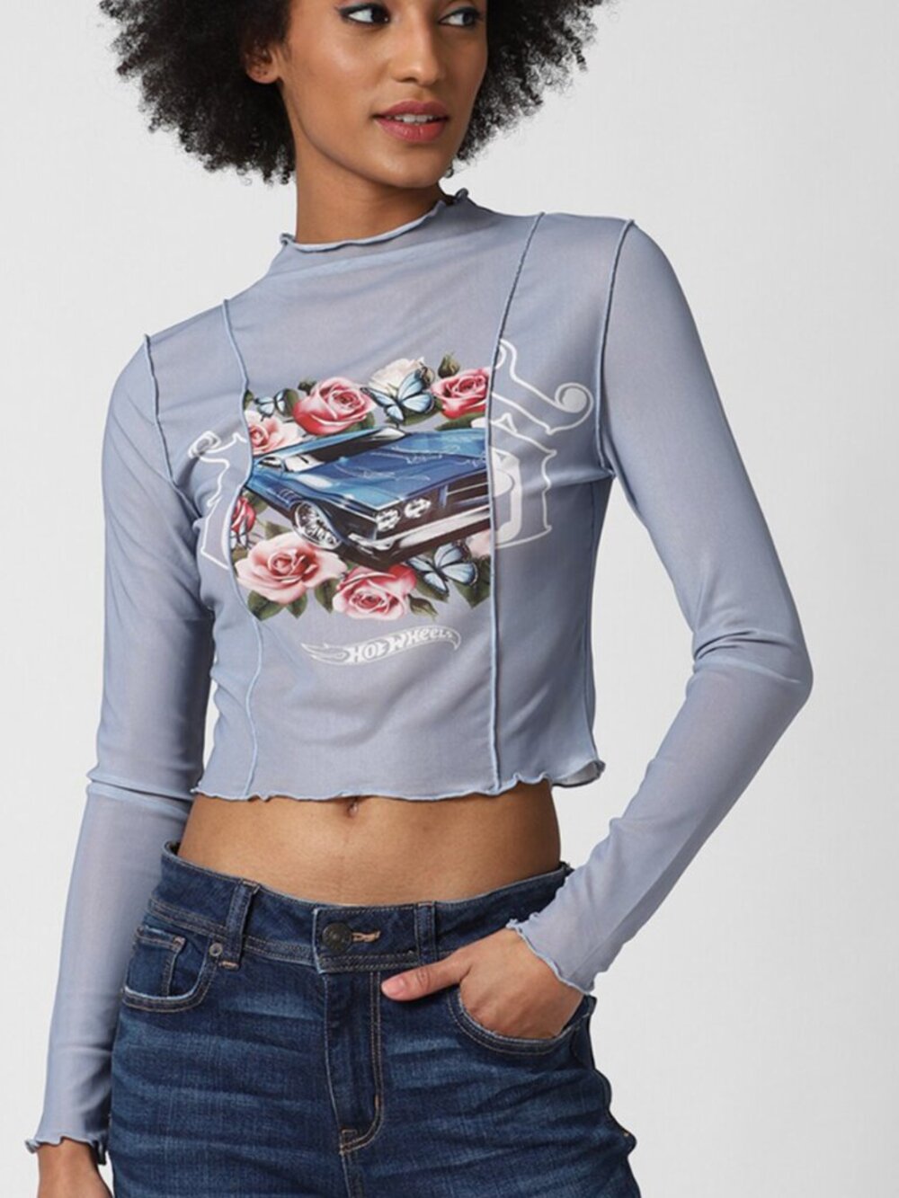 Forever 21 x Hot Wheels Blue Mesh Graphic Crop Top Long Sleeve S